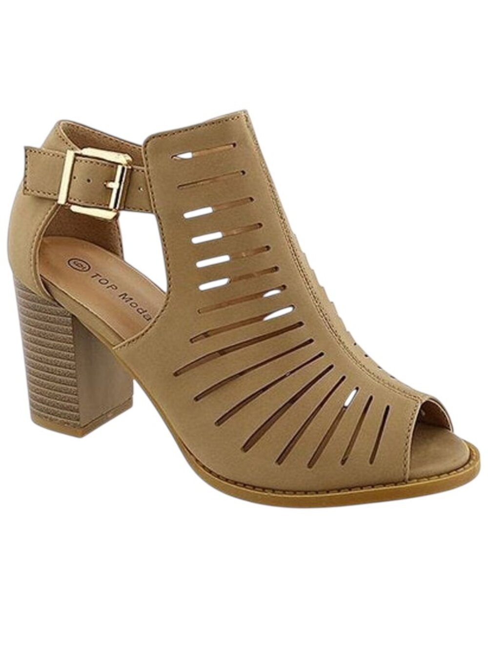 Top Moda PALM-20 Tan Cutout Peep Toe Block Heel Sandals Size 7 🤎